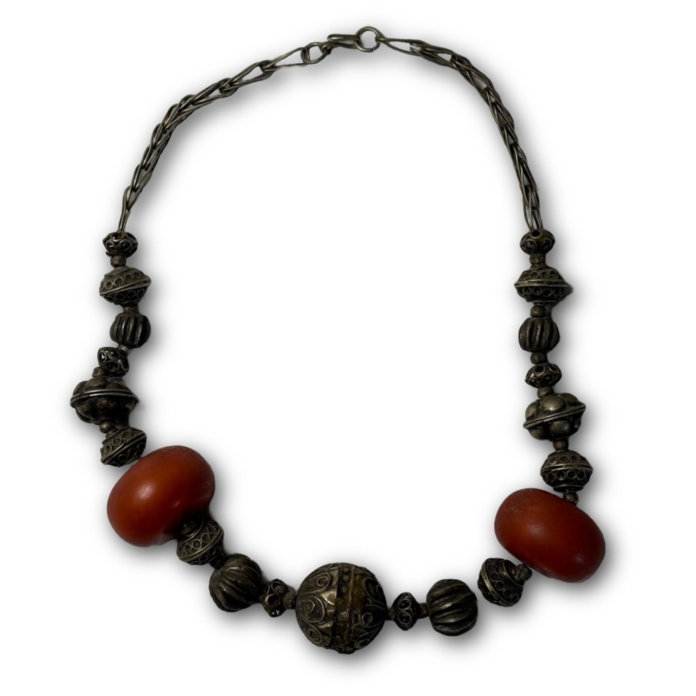 Estate Statement Necklace with Carved Metal and Beads
